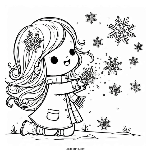 Little Girl Trying To Catch Snowflake Coloring Page