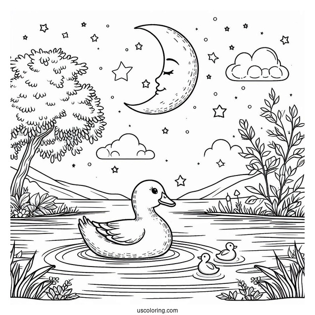 Duck Swimming Under the Moon Coloring Sheet