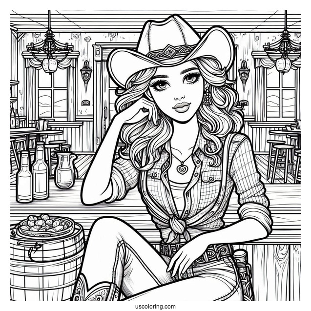 Female Cowboy Coloring Page In Saloon
