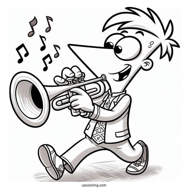 Phineas And Ferb Coloring Page Playing Trumpet For Kids