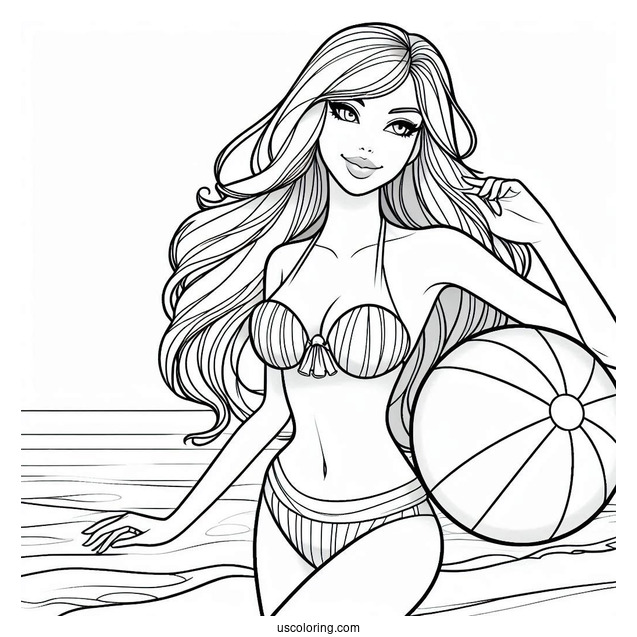 Simple Girl In Swimsuit With A Beach Ball Summer Coloring Page For Kids