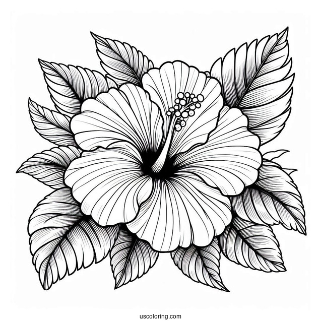 Flower Coloring Pages Of Large Hibiscus Among Leaves