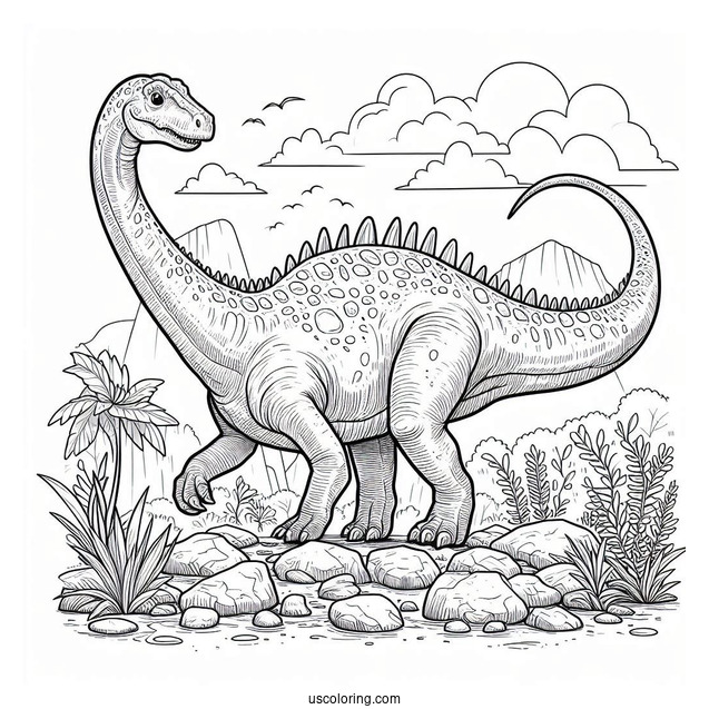 Diplodocus Dinosaur In Rocky Terrain Coloring Page
