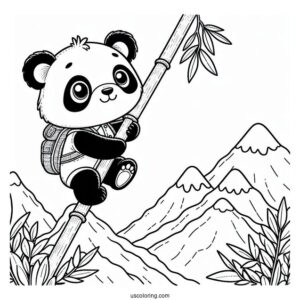 Explorer Panda Coloring Page Climbing Bamboo in the Mountains