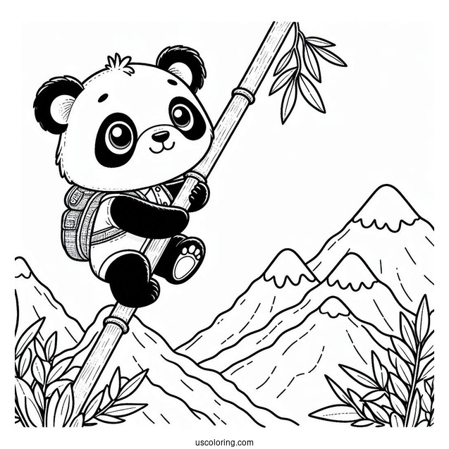 Explorer Panda Coloring Page Climbing Bamboo in the Mountains