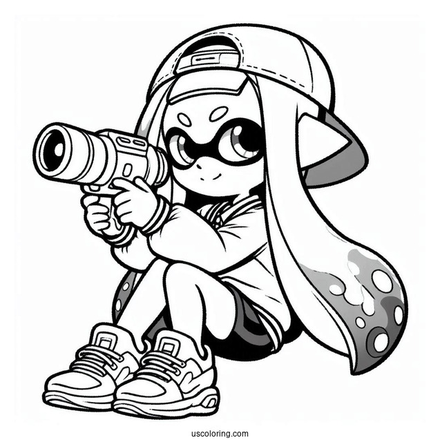 Splatoon Coloring Page Of Kawaii Inkling Girl Crouching While Holding Inkjet