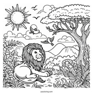 Lion With Birds Under The Sun In Jungle Coloring Page