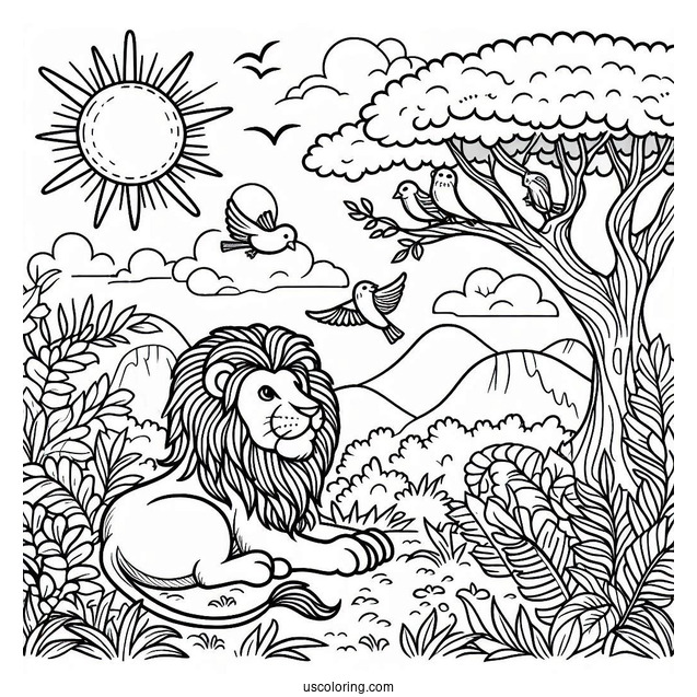 Lion With Birds Under The Sun In Jungle Coloring Page