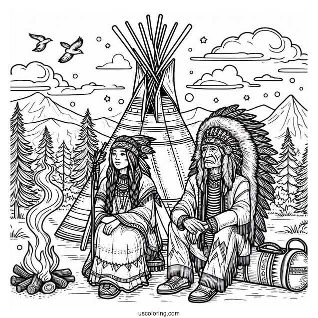 Native American Coloring Page Chief And His Wife Sitting Outside Tepee