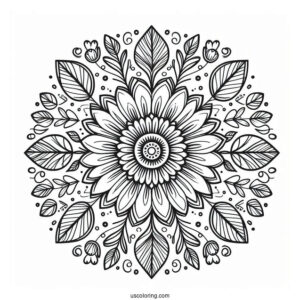 Circle Flower Mandala With Leaves Coloring Page
