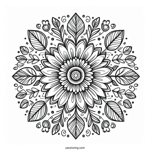 Circle Flower Mandala With Leaves Coloring Page