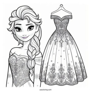 Elsa Stunning Dress With Snowflake Background Coloring Page