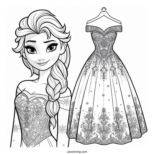 Elsa Stunning Dress With Snowflake Background Coloring Page