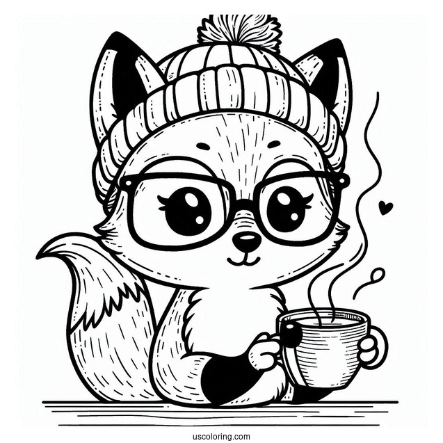 Smart Fox With A Beanie And Glasses Drinking Tea
