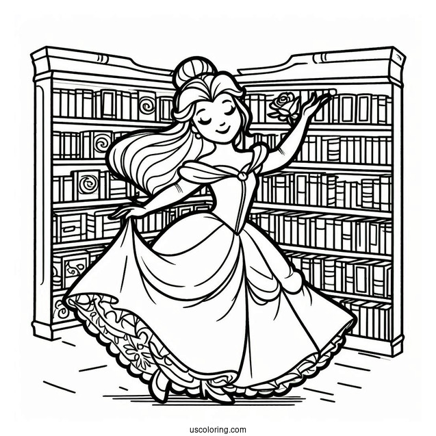 Coloring Page Of Belle Dancing In Book Store