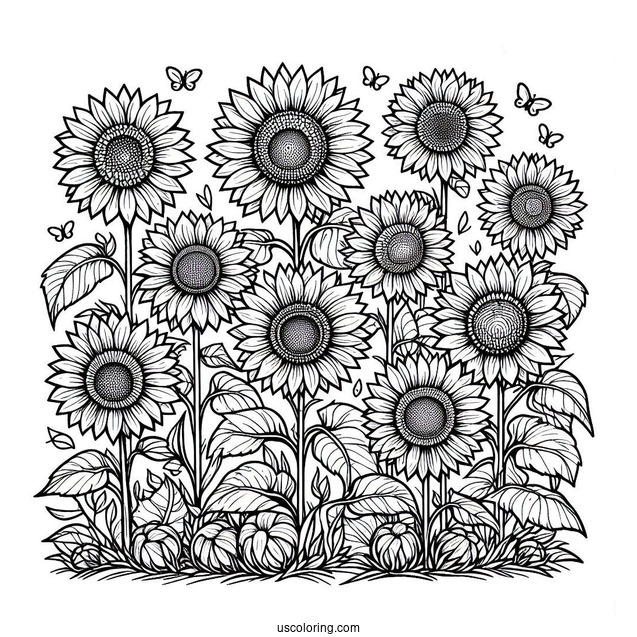 Multiple Sunflowers In Field Coloring Page