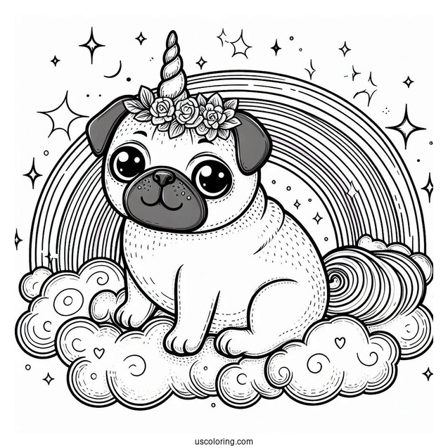 Magical Pug Coloring Page with Unicorn Horn and Rainbow Background