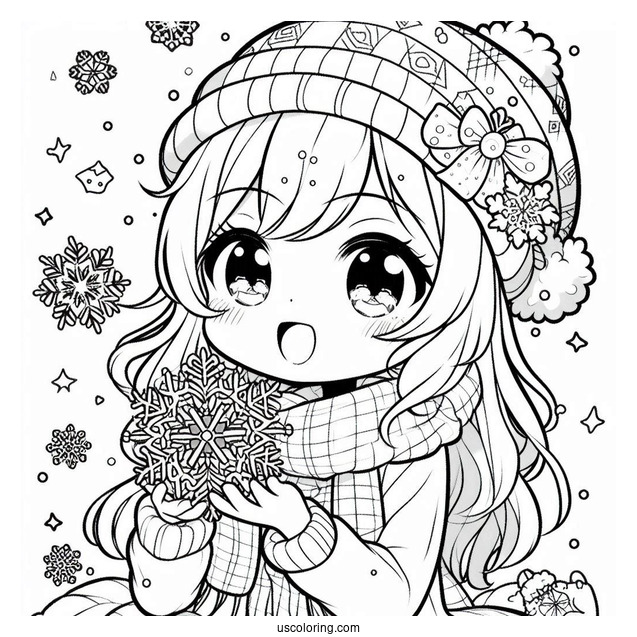 Kawaii Anime Girl Holding Snowflake Coloring Page