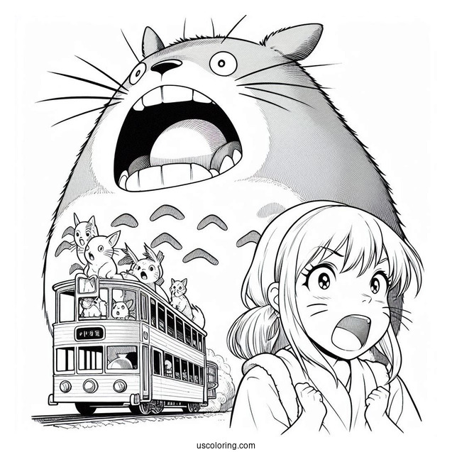 Studio Ghibli Coloring Page of Totoro, Catbus, Mei, And Satsuki Screaming