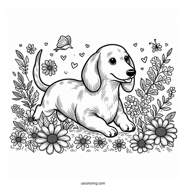 Dachshund Coloring Page Running In Flower Garrden