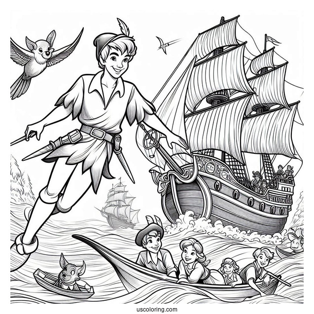 Peter Pan And Wendy Flying Over Captain Hook_s Ship Coloring Page