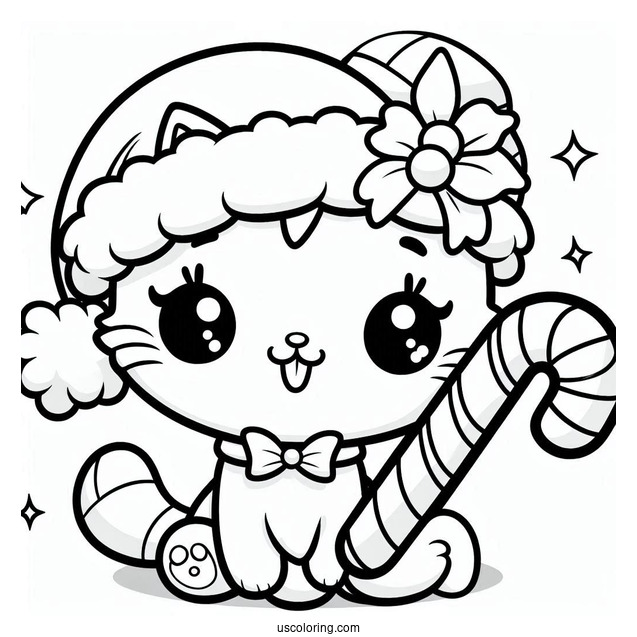 Kawaii Cat With Santa Hat Holding A Candy Cane Coloring Page For Preschoolers