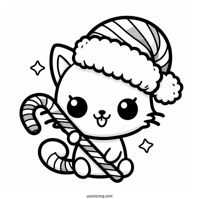 Kawaii Cat With Santa Hat Holding A Candy Cane Coloring Page For Preschoolers