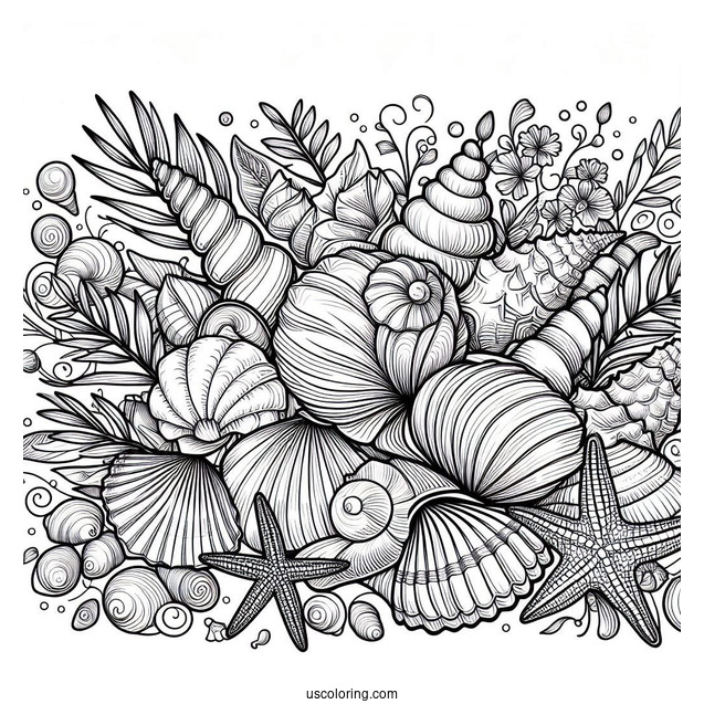 Summer Coloring Page Of Full Page Realistic Seashells