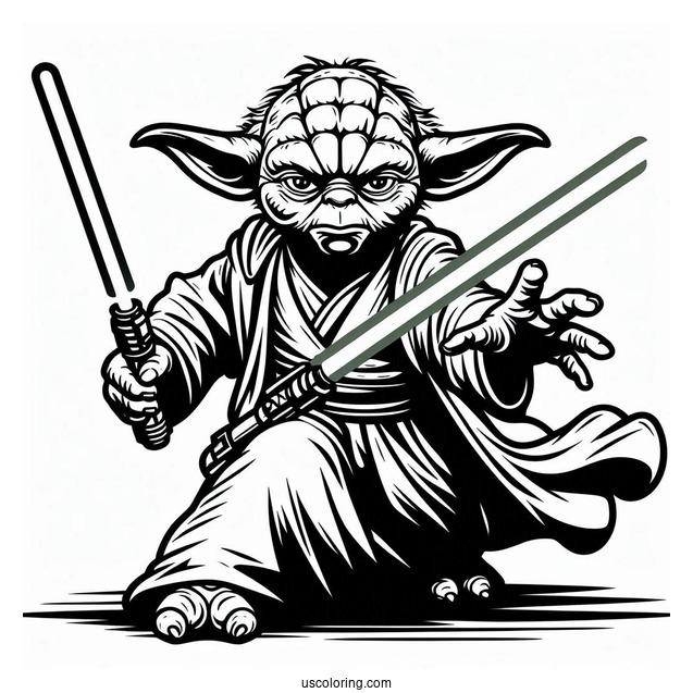 Yoda Fighting With Lightsaber Coloring In For Kids