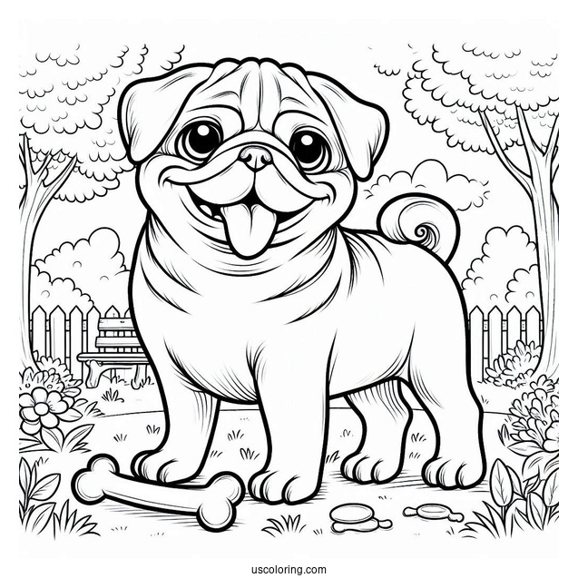 Pug In a Park With Bone To Color
