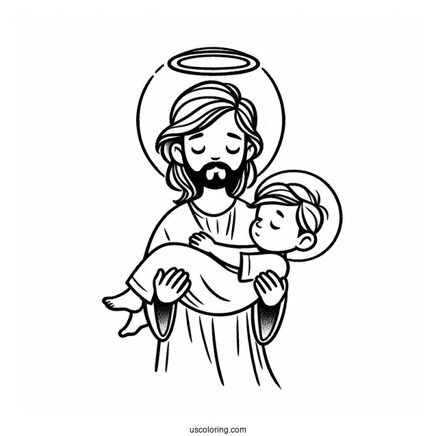 Holy Jesus Coloring Page With A Halo Carrying A Little Boy