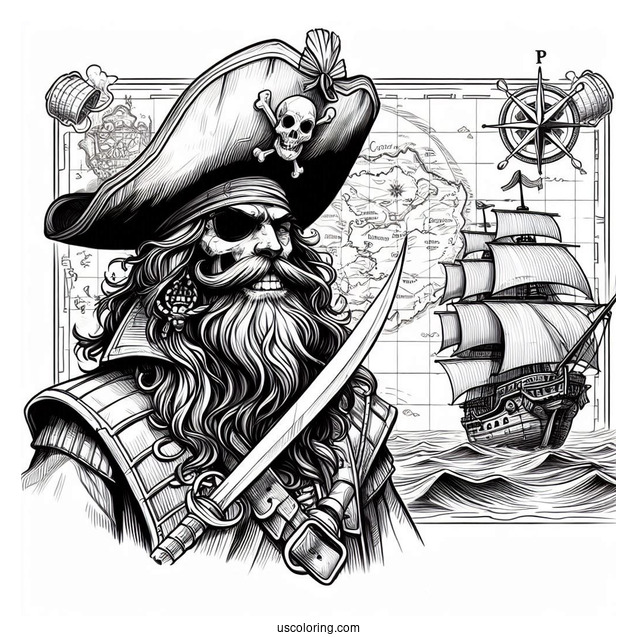 Realistic Pirate Coloring Page Map