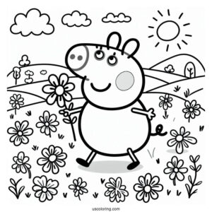 Peppa Pig Walking In Field With Flowers