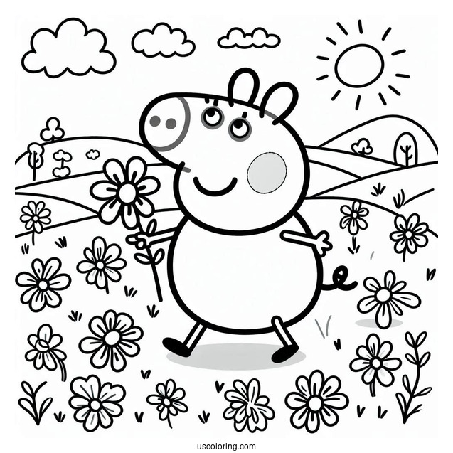 Peppa Pig Walking In Field With Flowers
