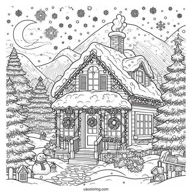 Christmas Coloring Pages For Adults Of House Covered In Snow On Christmas Day