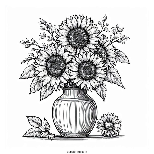 Detailed Sunflowers In Vase For Coloring