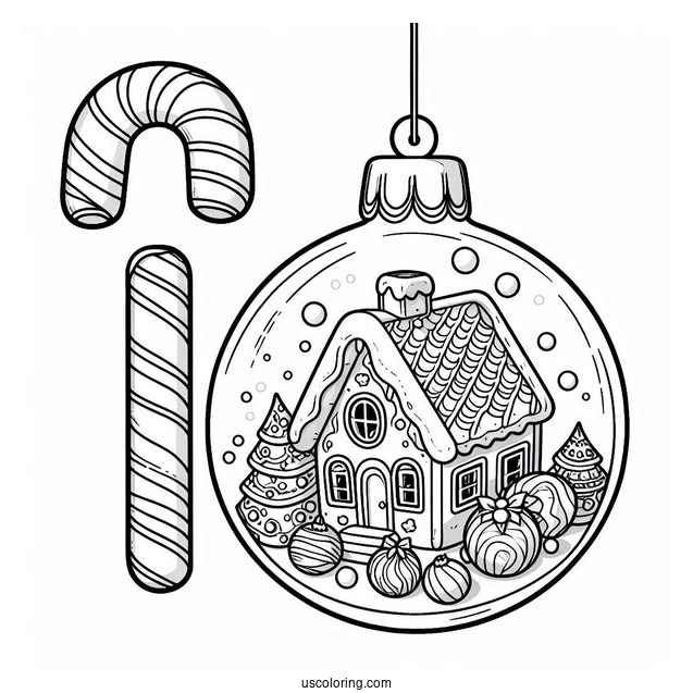 Gingerbread House And Candy Canes Inside Bauble Christmas Ornaments Coloring Page