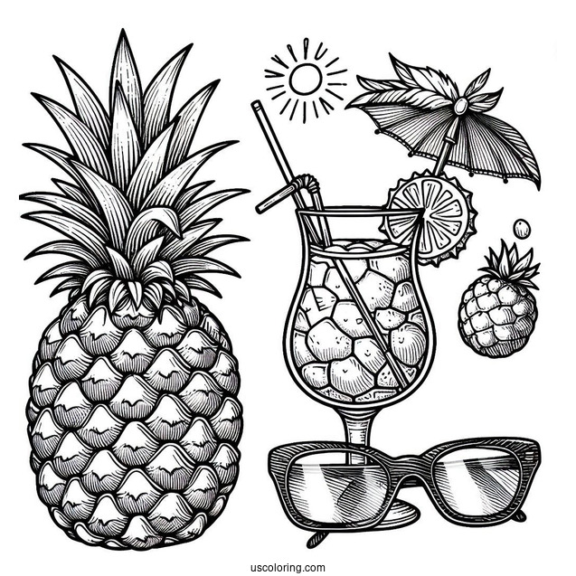 Chill Pineapple Coloring Page With Drink and Sunglasses
