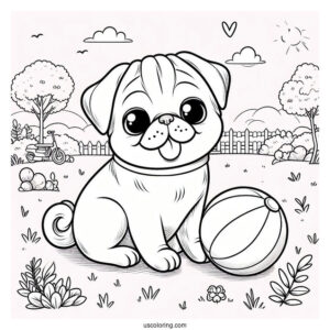 Cute Pug Coloring Page and Ball in the Park For Kids