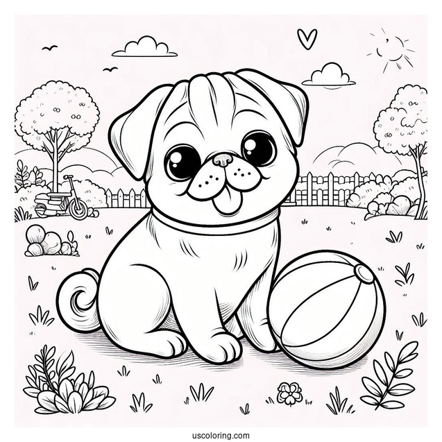 Cute Pug Coloring Page and Ball in the Park For Kids