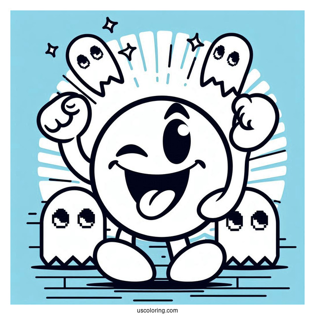 Victorious Pac-Man Coloring Page Winking With Ghosts In Background