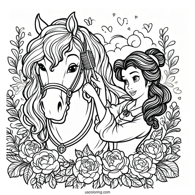 Belle Brushing Her Horse Phillipe To Color