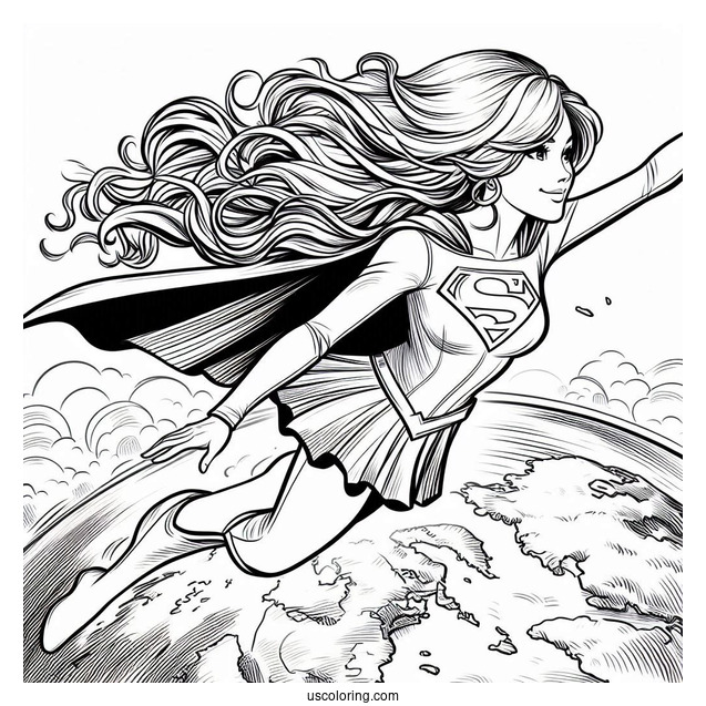 Comic Supergirl Coloring Page Flying Above Earth