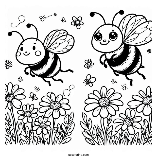 Happy Bee Coloring Page Flying Over Daisies