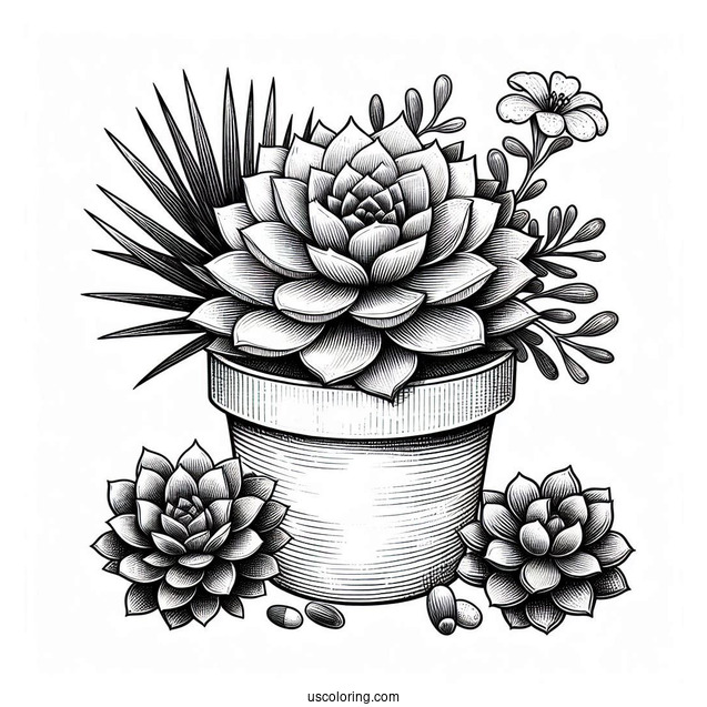 Realistic Succulent Coloring Page In A Flower Pot
