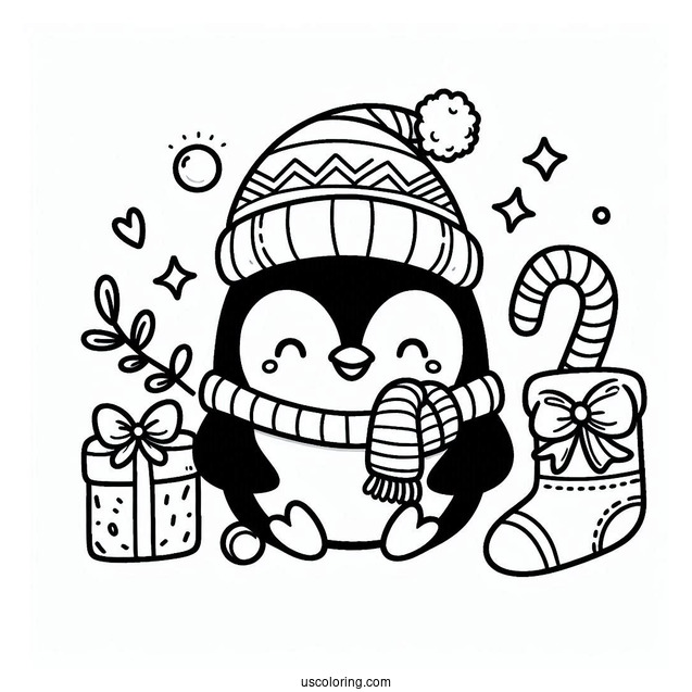 Cute Christmas Inspired Penguin To Color