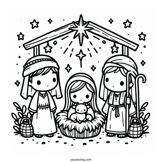 Nativity Coloring Page Of Easy Chibi Nativity For Kids