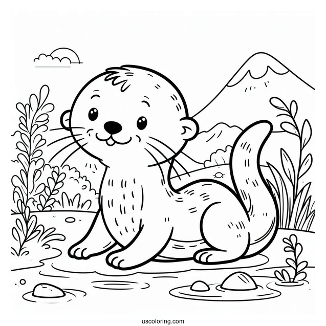 Cartoon Otter Coloring Page Swimming In River For Kids