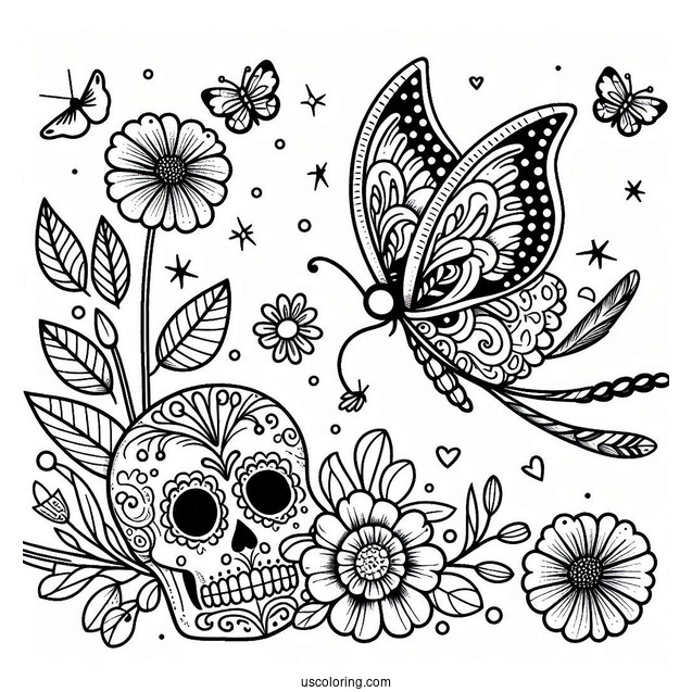 Butterfly Flying To A Sugar Skulls Coloring Page With Flowers