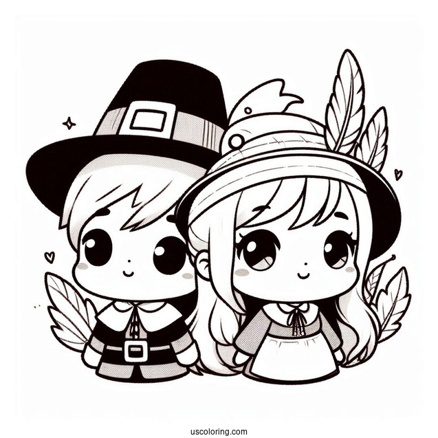 Adorable Girl And Boy Pilgrim Coloring Page